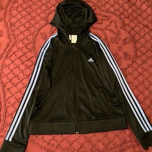 ADIDAS Clima365 Hoodie, Women’s Large, black with 3 light blue stripes.